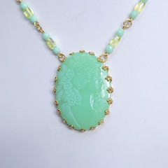 Uranium Glass Necklace 21” Cameo Pendant Vaseline Green Czech Beads