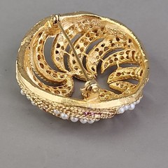 Vintage Rhinestone Brooch BSK Pink Faux Pearls Domed Round Gold Tone 1 5/8″
