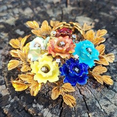 Vintage Italy 18K Gold Colorful Flower & Diamond Brooch KG Old Italian Jewelry