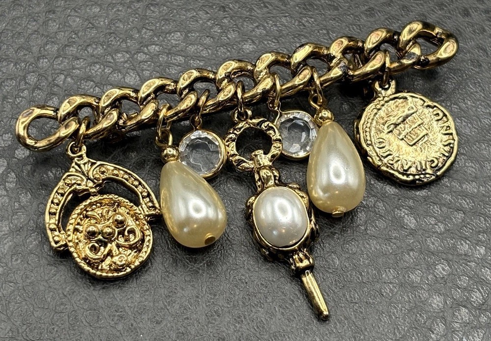 Vintage Gold Tone Charm Brooch Pearl Crystal Stations Coin Medallion Dangles