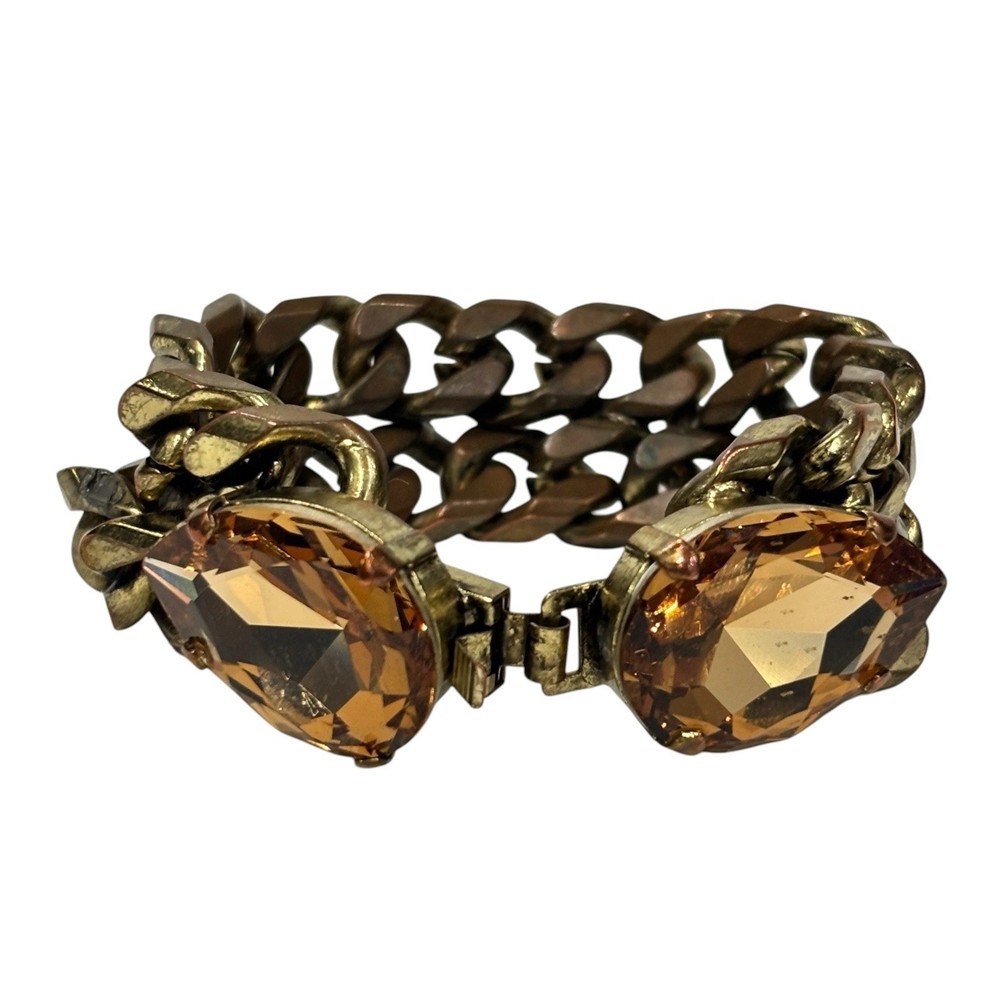 Rodrigo Otazu Orange Yellow Brown Rhinestone Double Chain Bracelet Signed RARE
