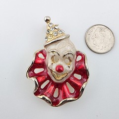 Red White Enamel Goldtone Clown Pin Rhinestones 2″