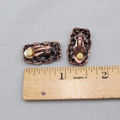 Open Work Knot Rectangle Clip on Earrings Copper tone Drop 1 in