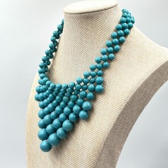Vintage Style Teal Turquoise Blue Beaded Bib Statement Necklace Boho Chic Retro