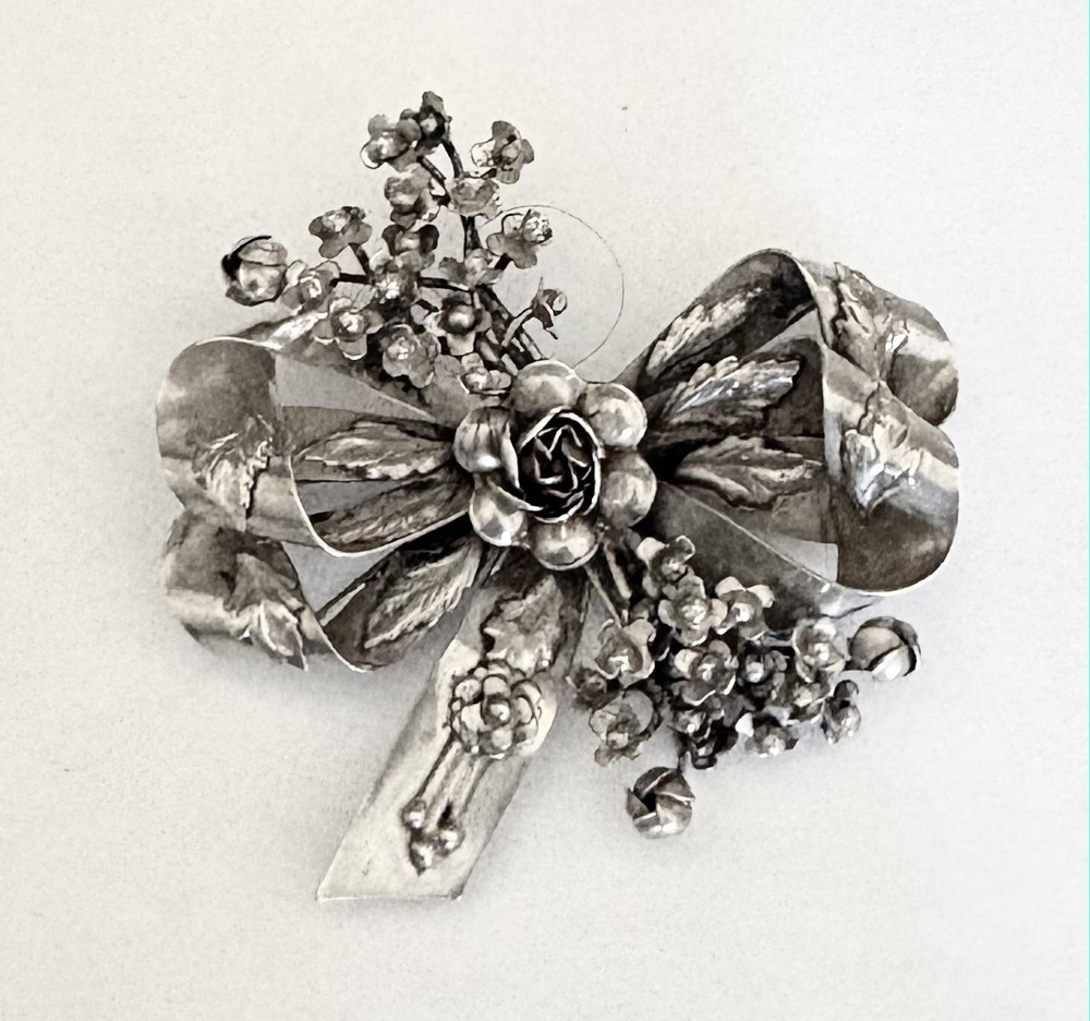 Vintage Signed Hobe Large Sterling Silver Rose Flower Ribbon Brooch