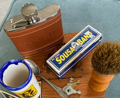 Vntg. Junk Drawer Lot Cigar Box Bakelite Brush,Flask,Pep Boy’s Matches Spoons —