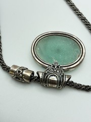 Sterling 935 Roman Glass Sea Green Oval Pendant Rope Chain Silver Necklace VTG