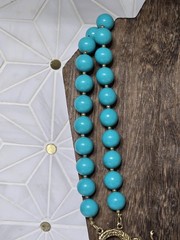Double Strand Chunky Turquoise Color Blue Bead Necklace Gold Tone Dragon Pendant