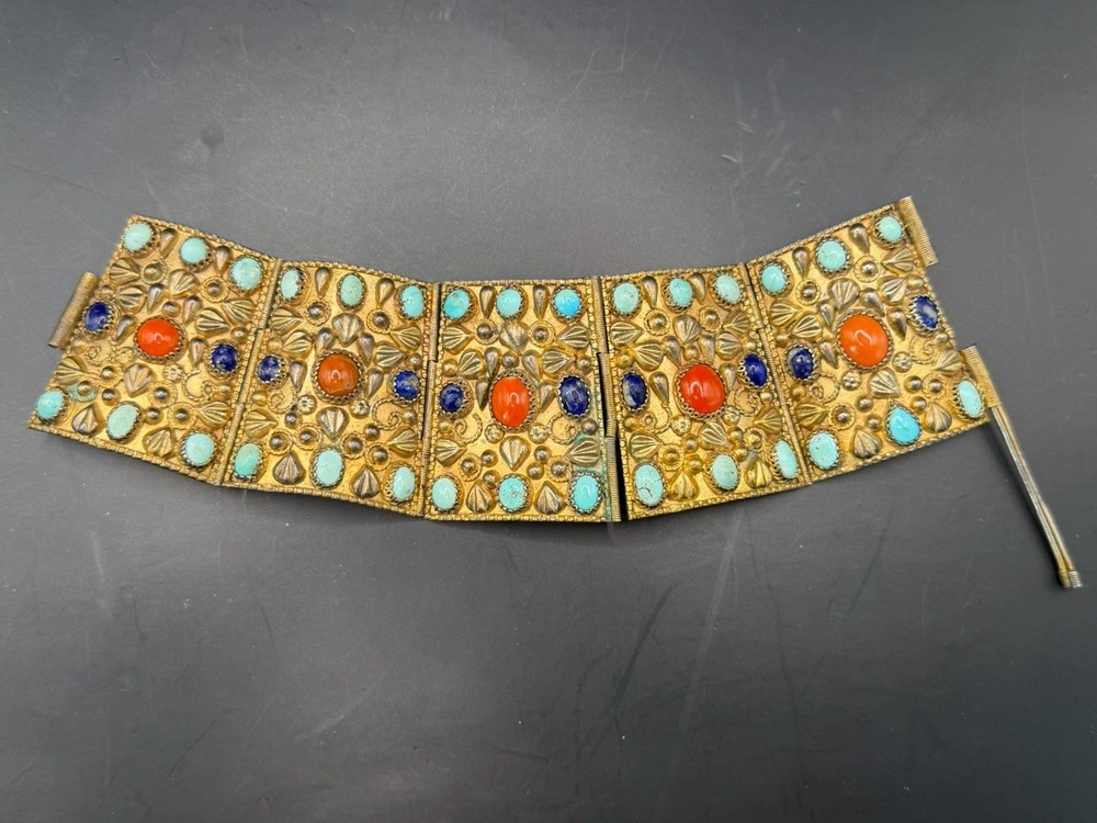 Vintage Egyptian Nepalese Style Bracelet Natural Turquois Lazuli Gold Tone