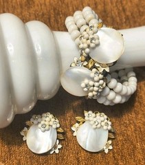 Vtg 40s Miriam Haskell Milk Glass MOP Bypass Cuff Bracelet Earrings Gold Set