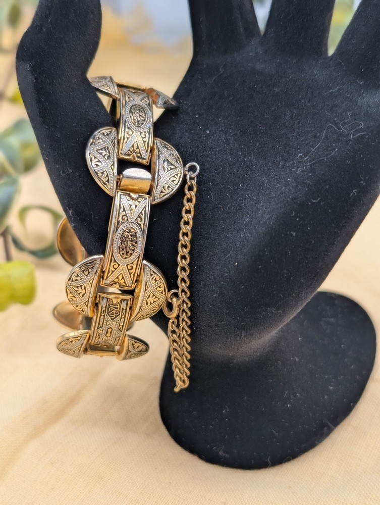 Vintage Toledo Damascene Bracelet Gold Black Silver Inlay W/ Safety Chain