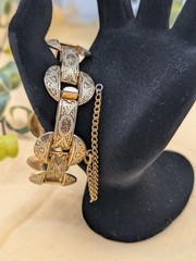 Vintage Toledo Damascene Bracelet Gold Black Silver Inlay W/ Safety Chain