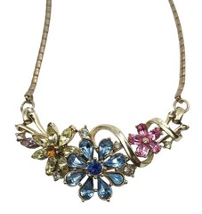 Vintage Corocraft Necklace Rhinestone Flowers Pastel Floral Signed Jewelry