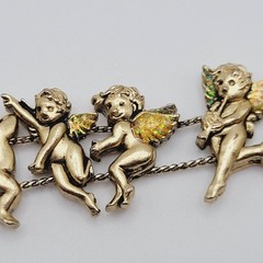 Cherub Angels Iridescent Glitter Wings Gold Tone Vtg Slide Bracelet 7.5 Inch