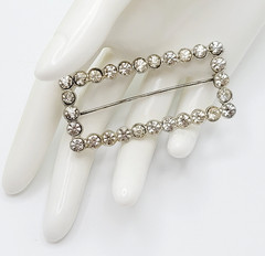 Rhinestone Open Metal Rectangle Frame Early 20th Century Silver Tone Brooch Pin