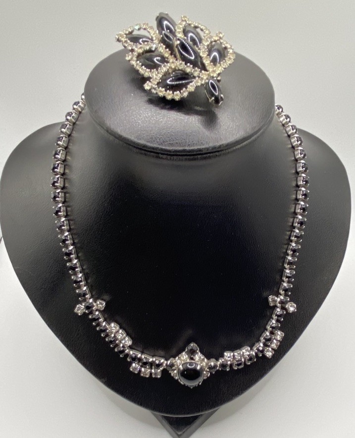 Vtg Albert WEISS Brooch Black Navette Clear Rhinestone Leaf & Unsigned Choker