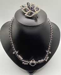 Vtg Albert WEISS Brooch Black Navette Clear Rhinestone Leaf & Unsigned Choker