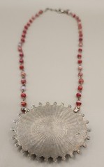 Vtg Bonnie J Beaded Statement Necklace Red Glass Medallion Pendant Silver Tone