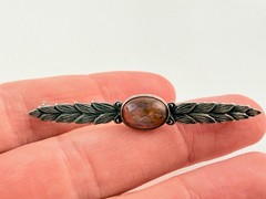 Vintage Sterling Silver Dragons Breath Glass Bar Pin Leaves Motif Brooch 2.25 In