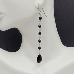 Black Onyx Bead Shoulder Duster Long Linear Silver Tone Pierced Hook Earrings