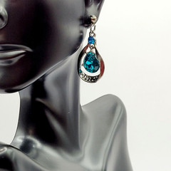 Blue Glass Water Droplet Drop Dangle Silver Tone Sparkly Fancy Pierced Earrings