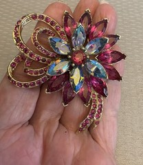 Vintage Signed Weiss Red Rhinestone Flower Brooch Cranberry Marquise Blue AB 3″