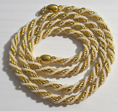 Vintage Crown Trifari Gold Tone White Seed Bead Rope Necklace 29 in
