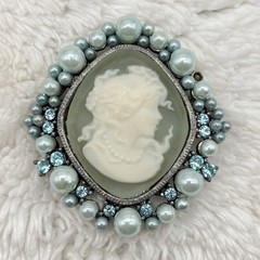 Vintage Blue Cameo Brooch Faux Pearl Rhinestone Silver Tone AS IS 1.75″