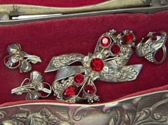 Rare Hobe Sterling 925 Ribbon Spray Earrings Brooch Ring Set Ruby Crystals w/Box