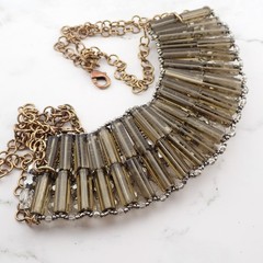 VTG 1 3/4″ Wide Crystal Seed Bead Tubular Bib Reversible Copper Tone 18″ Necklac
