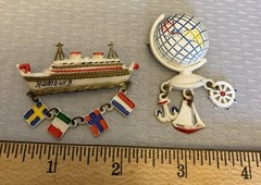 Vintage Celluloid Brooch Lot 2 Globe Ship Ocean Liner Dangling Flag Charms