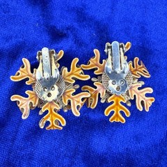 Vintage Enamel Brooch Clip on Earrings Set Flower Fall Acorn Tree Autumn