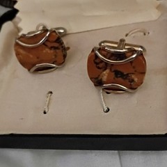 Speidel Vintage Brown Marbled Stone Bullet Back Cufflinks Silver Tone