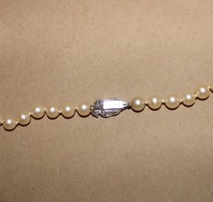 Vtg Knotted Faux Pearl Necklace 30″ REAL DIAMONDS in Clasp-50’s High End Costume