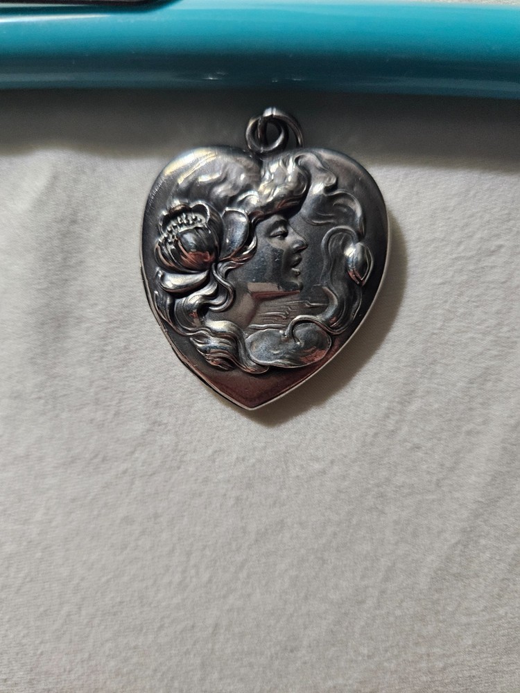 ​Antique Art Nouveau Sterling Silver Heart Locket, Webster Co. Repousse Lady Pro
