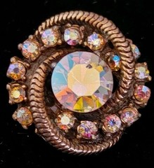 Vintage Aurora Borealis AB Rhinestone Prong Set Swirl Button Brooch Gold Tone