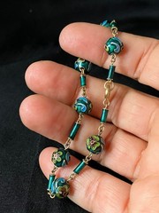 Vintage Champleve Bracelet Rich Green Floral Cloisonne Bead Chain Spring Clasp