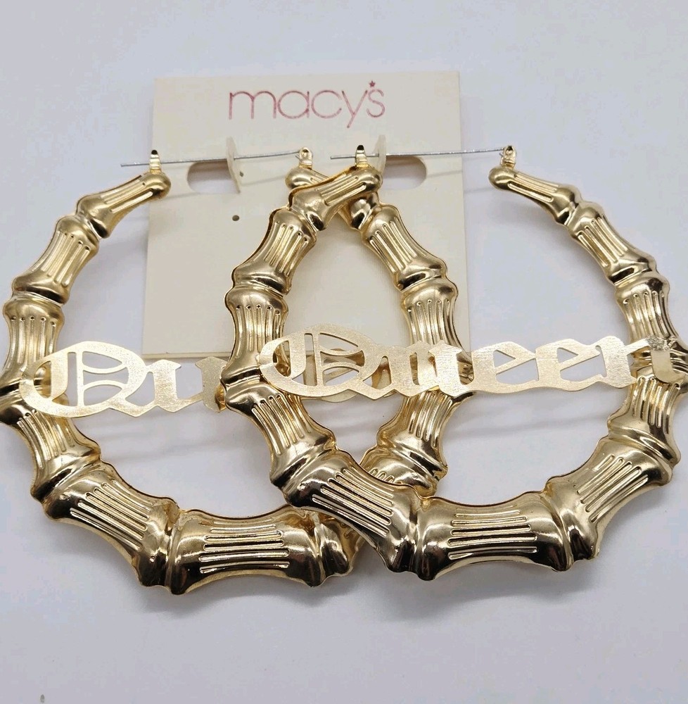 QUEEN Bamboo Hoop Earrings Pincatch 80’s Style Hip Hop Designer 3.5 in