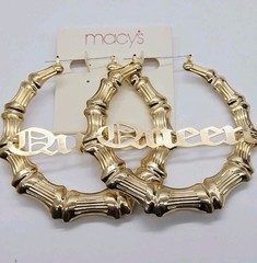 QUEEN Bamboo Hoop Earrings Pincatch 80’s Style Hip Hop Designer 3.5 in