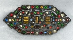 Antigue Art Deco Baguette & Round Rhinestone Pot Metal BROOCH 2.5 in READ