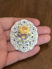 Vintage Western Germany Floral Enamel Brooch & Coral Tone Cabochon Brooch Lot!