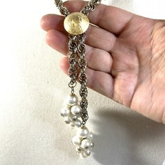 VTG Gold Tone Pearl Lariat Necklace Working Slide Y drop Dangle Cluster NICE