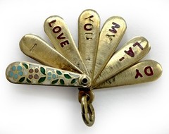 Rare 1930s 14K Gold Enamel Fan Charm Opens Secret Love Message Art Deco