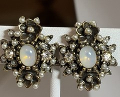 Vintage Opaline Glass Pearl Rhinestone Floral Clip Earrings Gold Tone