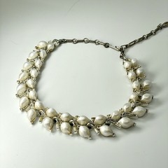 Vintage Lisner Faux Pearl Necklace Signed Rhinestone Floral Silver Tone MCM
