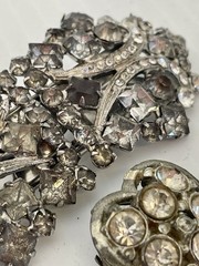 Vintage Pat Pend Rhinestone Brooch & Heart Pin Lot Smoky Gray Clear Crystal