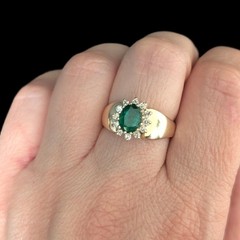 Vintage Oval Cut Emerald Diamonds 14k Yellow Gold Halo Ring Estate Jewelry Gift