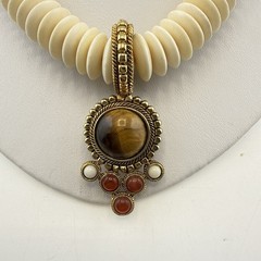 RJ Graziano Necklace Earrings Set Tigers Eye Carnelian Boho Cabochon Gold Tone