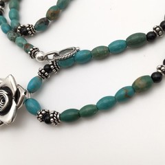 925 Sterling Silver Natural Turquoise & Black Onyx Flower Necklace 20” #42