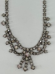 Antique Victorian Revival Silver Tone Faceted Rhinestone Bow Statement Necklace